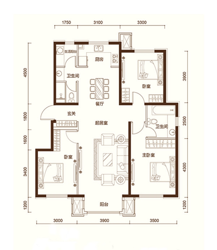 以下就是本套金侨宸公馆小区128平米三居室房子的户型图