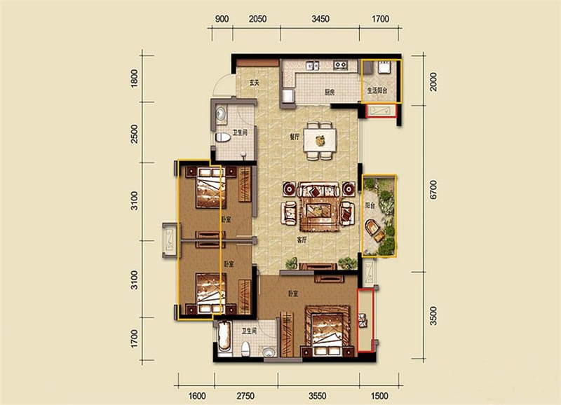 以下就是本套炜岸城小区105平米三居室房子的户型图.