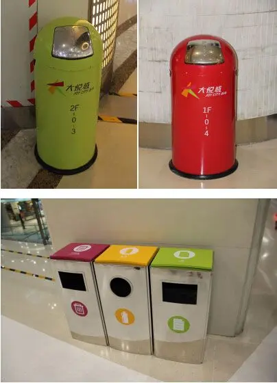 图5：大悦城垃圾桶分层分颜色区分及垃圾分类图